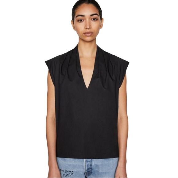 Frame Denim Tops - Frame Denim NEW Lindsay Pleated V-Neck Top Poplin Pleated Cap Sleeve Black SZ L